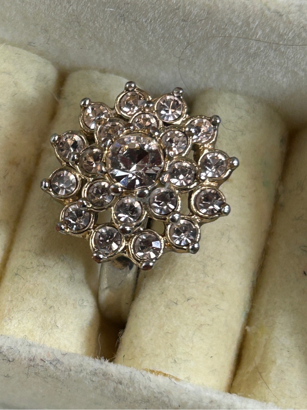 Vintage-Inspired Silver Floral Cluster Ring with Clear Crystals